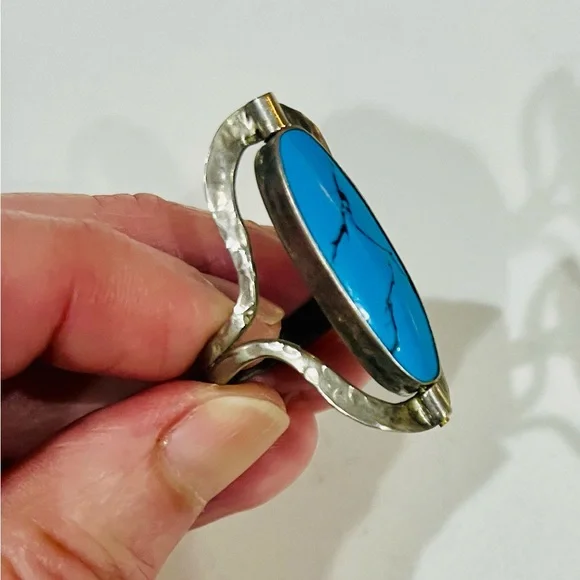 RARE VTG Reversible Artisan Ring, Tibetan Silver,Dual Turquoise Cabochons, Sz 9 - Picture 4 of 11